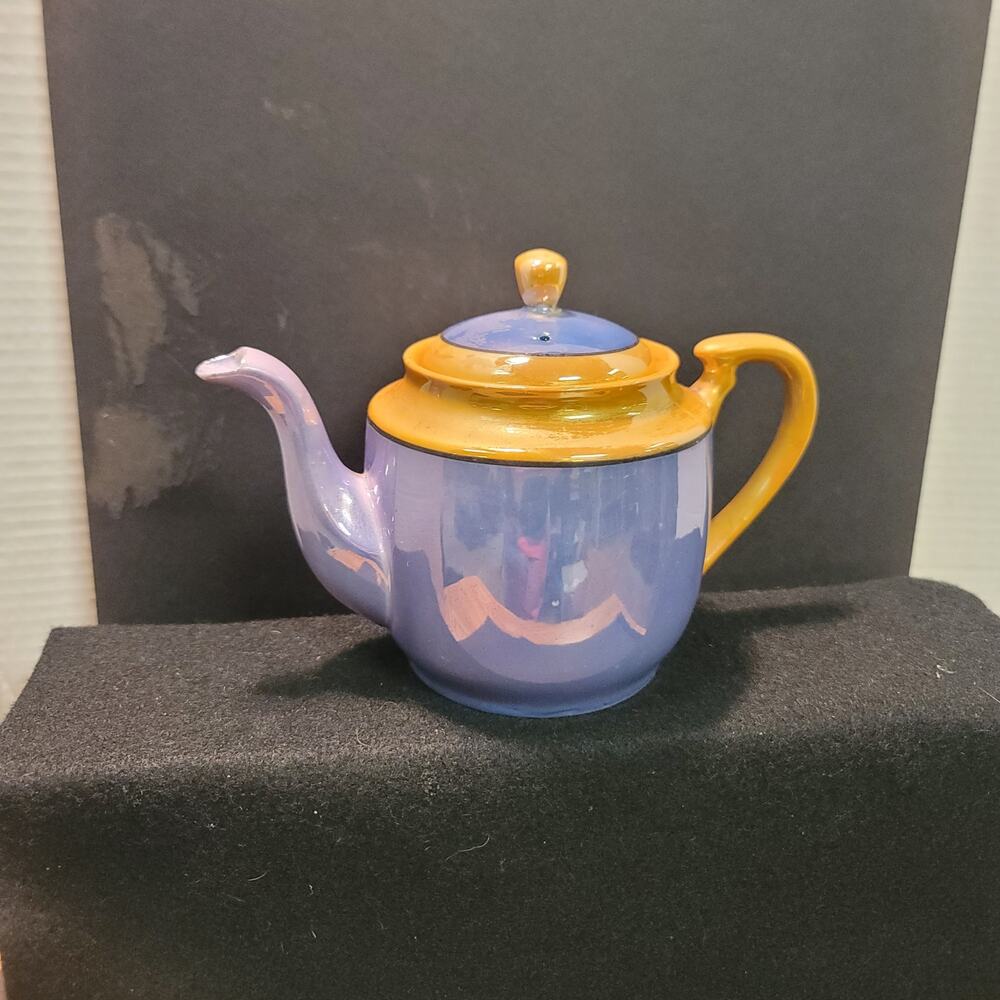 Takito Golden Orange Blue Lusterware Vintage Japanese Covered Teapot 4.5" lidded